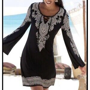Lascana Dress Womens Sz 2 Black Kaleidescope Paisley Bell Sleeve Lace Up Coverup